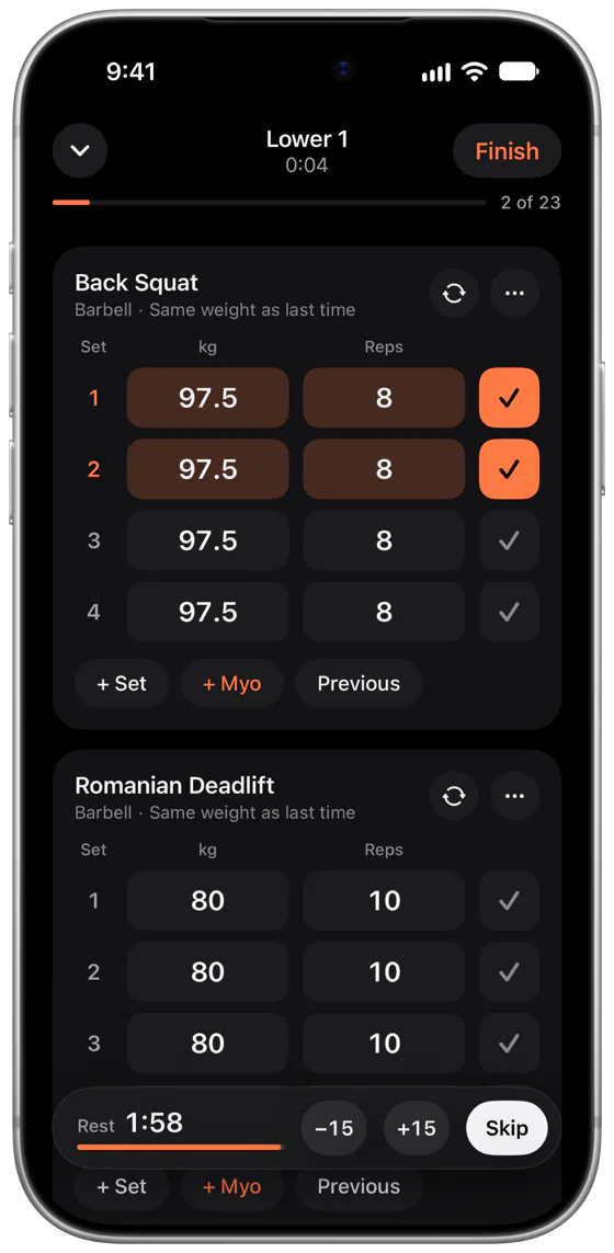 ambofit during a workout: the first two of four Back Squat sets at 97.5 kg for 8 reps are ticked off, with the rest timer at the bottom showing 1:58.