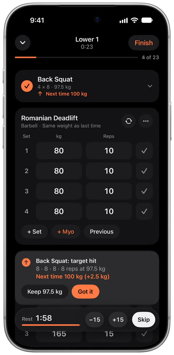 ambofit during a workout: Back Squat is done, a card says target hit, 8, 8, 8 and 8 reps at 97.5 kg, next time 100 kg, plus 2.5 kg. Below it the rest timer shows 1:54.