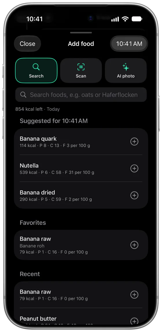 ambofit Add food sheet with Search, Scan and AI photo, a search field, 854 kcal left today, favorites and recent foods.